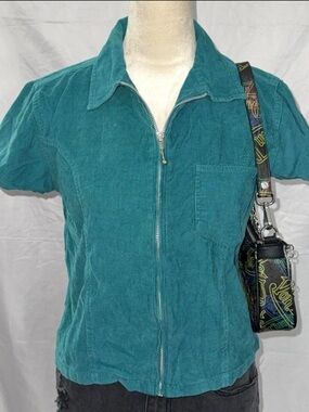 Arizona Jean Company Teal Short-Sleeve Zip Front Corduroy Top